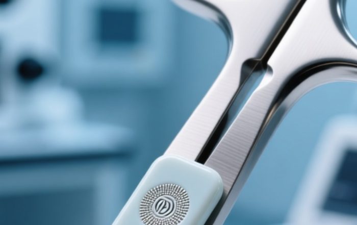 医疗级陶瓷RFID微型标签嵌入不锈钢手术剪柄部特写