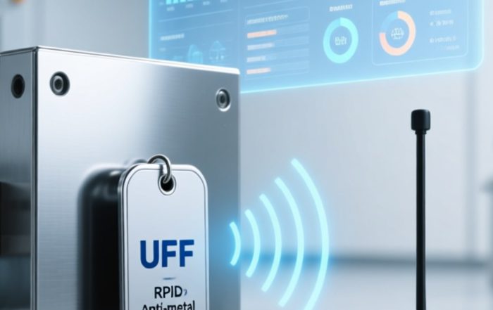 UHF抗金属RFID标签安装在注塑模具表面，搭配工业读写器与数据看板