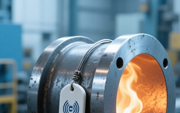 陶瓷抗金属RFID标签安装于发动机缸体表面的工业场景示意图