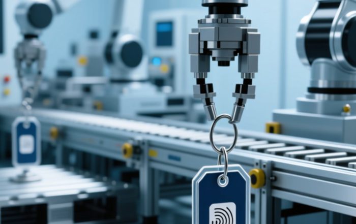 工业自动化产线中RFID抗金属标签在金属托盘与机械臂工位上的实际应用示意