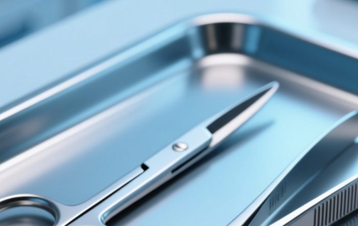 UHF RFID微型抗金属标签安装于不锈钢手术器械表面，洁净手术室环境背景