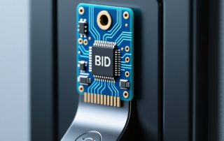 微型PCB抗金属RFID标签安装在黑色金属交换机机壳表面，清晰展示标签结构与金属贴合状态