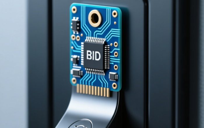 微型PCB抗金属RFID标签安装在黑色金属交换机机壳表面，清晰展示标签结构与金属贴合状态