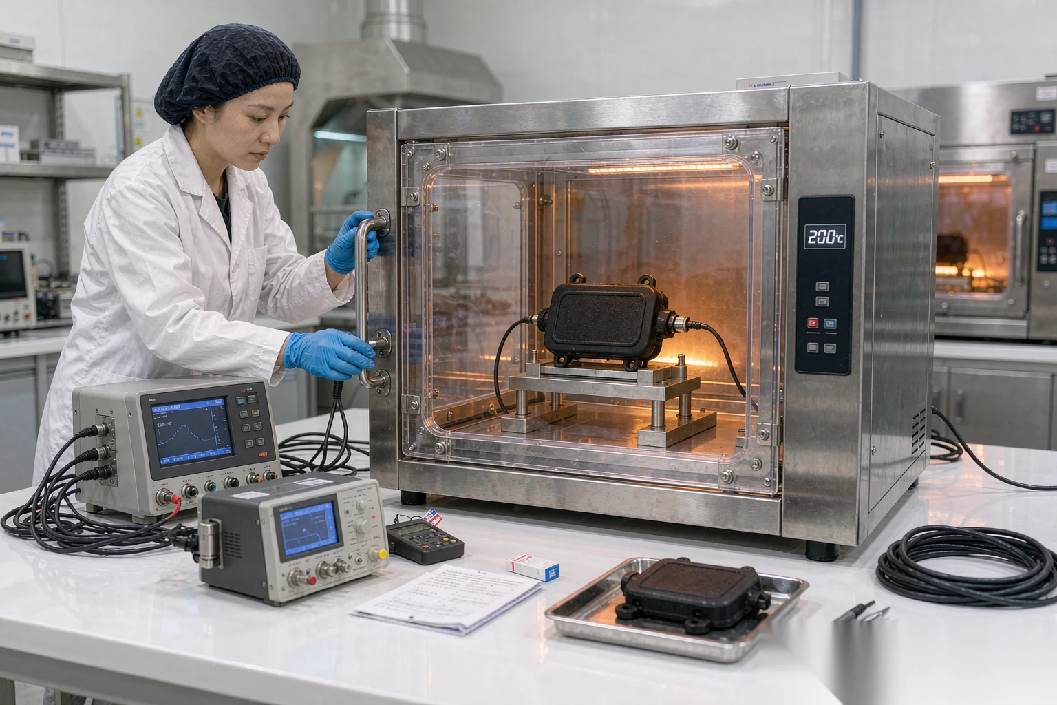 耐高温RFID轮胎标签在热室内测试，质量实验室显示200°C读数